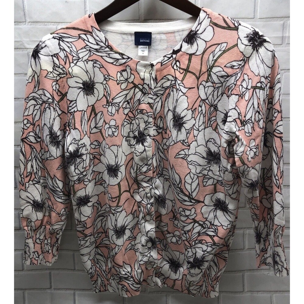Basic Edition Women Cardigan Sweater Size Medium Long Sleeve Pink Floral